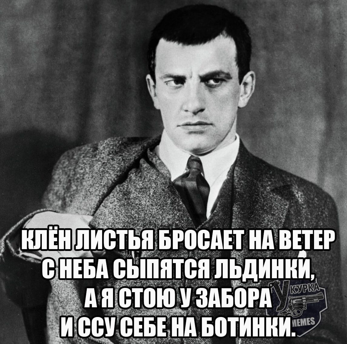 КЛЁН ЛИСТЬЯ БРОСАЕТ НА ВЕТЕР С НЕБА СЫПЛЕТСЯ ЛЬДИНКИ, А Я СТОЮ У ЗАБОРА И ССУ СЕБЕ НА БОТИНКИ.