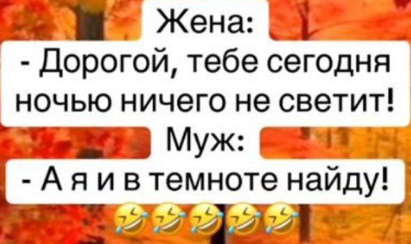 Жена:
- Дорогой, тебе сегодня ночью ничего не светит!
Муж:
- А я и в темноте найду!