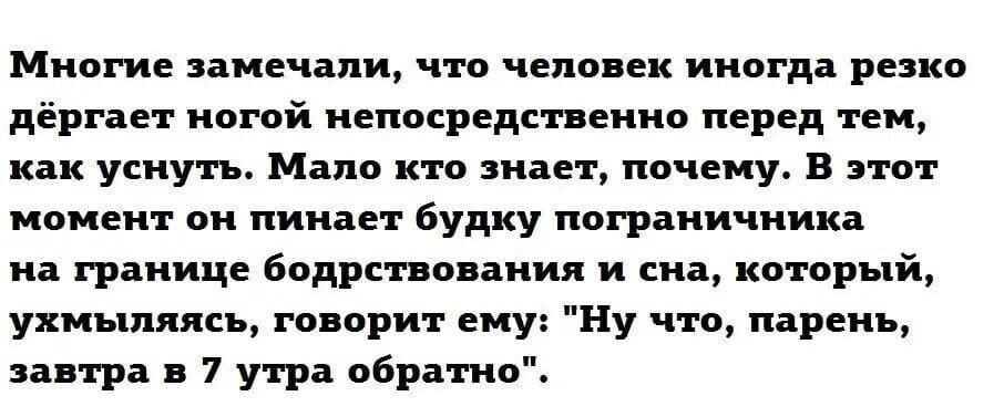 Многие замечали, что человек иногда резко дёргает ногой непосредственно перед тем, как уснуть. Мало кто знает, почему. В этот момент он пинает будку пограничника на границе бодрствования и сна, который, ухмыляясь, говорит ему: 'Ну что, парень, завтра в 7 утра обратно'.