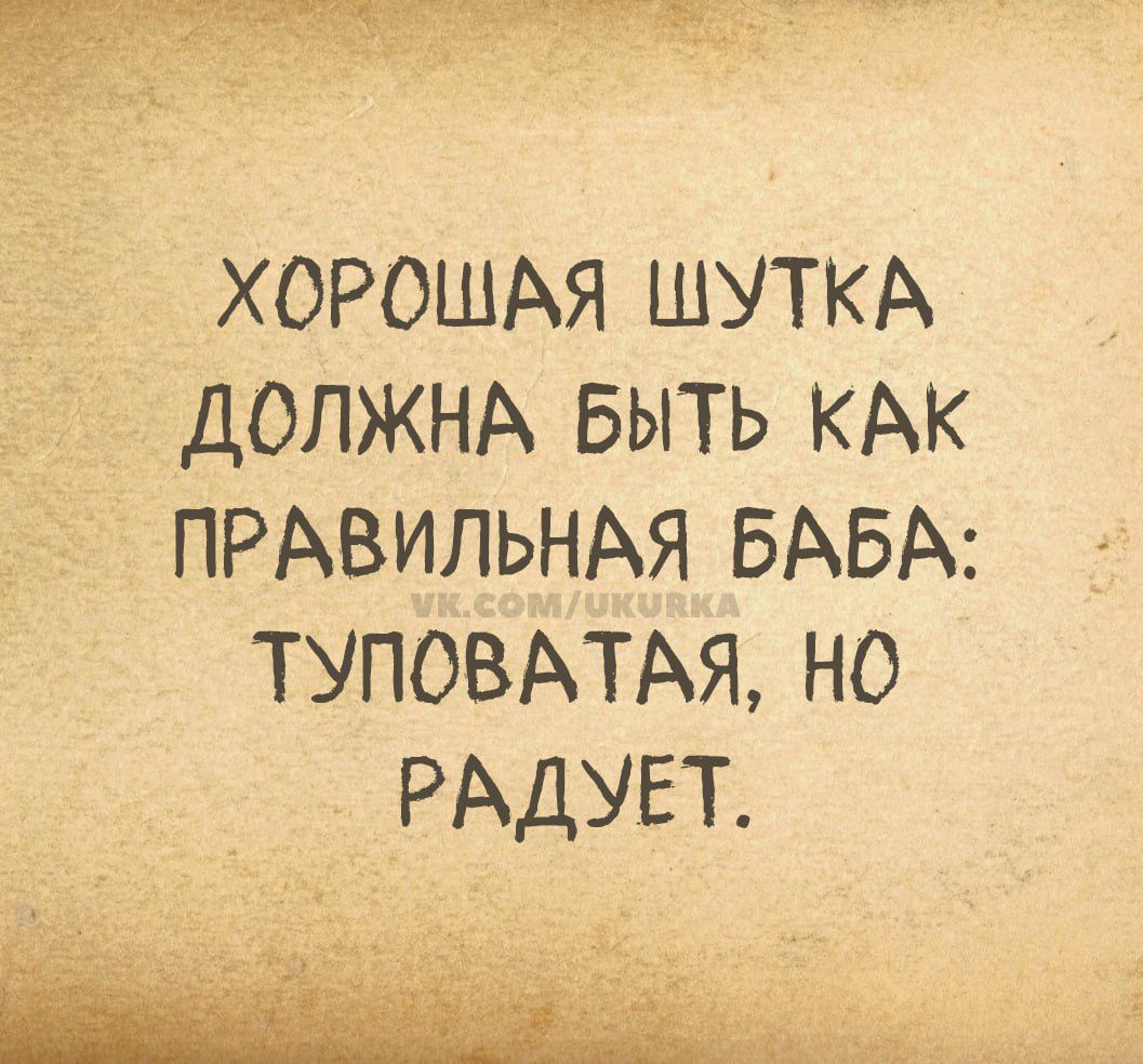 ХОРОШАЯ ШУТКА ДОЛЖНА БЫТЬ КАК ПРАВИЛЬНАЯ БАБА: ТУПОВАТАЯ, НО РАДУЕТ.