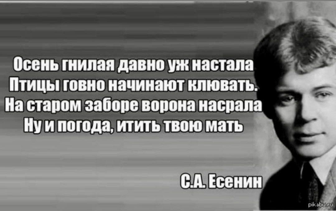 Осень гниллая давно уж настала
Птицы говно начинают клювать.
На старом заборе ворона насрала
Ну и погода, итить твою мать
С.А. Есенин