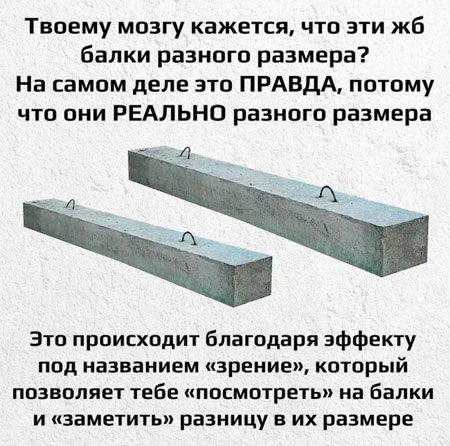 Твоему мозгу кажется, что эти жб балки разного размера? На самом деле это ПРАВДА, потому что они РЕАЛЬНО разного размера. Это происходит благодаря эффекта под названием «зрение», который позволяет тебе «посмотреть» на балки и «заметить» разницу в их размере.