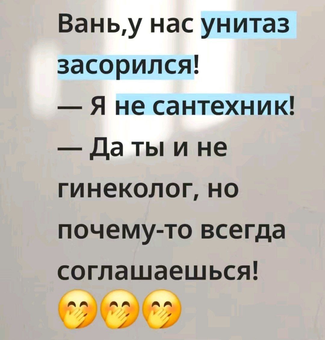 Вань, у нас унитаз засорился! — Я не сантехник! — Да ты и не гинеколог, но почему-то всегда соглашаешься! 😘😘😘