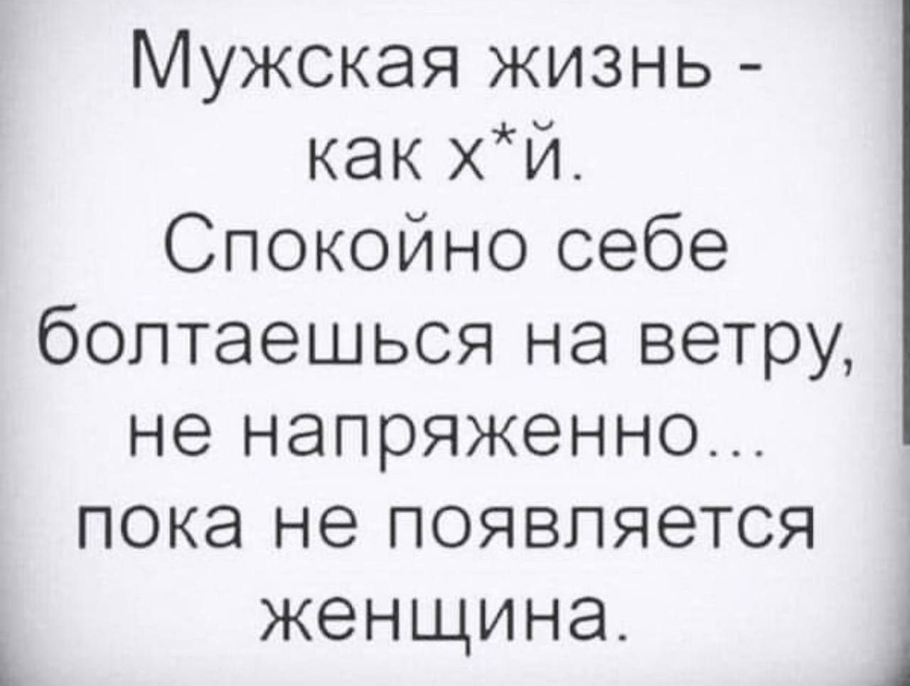 Мужская жизнь - как х*й. Спокойно себе болтаешься на ветру, не напряжеонно... пока не появляется женщина.