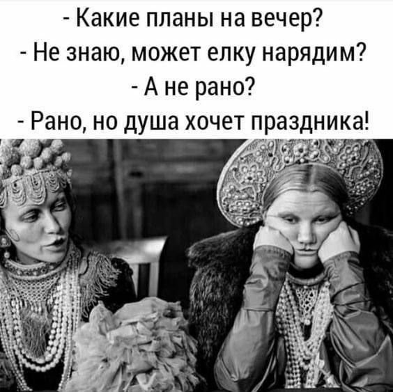 - Какие планы на вечер? - Не знаю, может елку нарядим? - А не рано? - Рано, но душа хочет праздника!