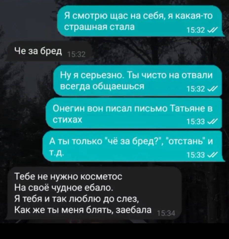 Я смотрю сейчас на себя, я какая-то страшная стала
Че за бред
Ну я серьёзно. Ты чисто на отвали всегда общаешься
Онегин вон писал письмо Татьяне в стихах
А ты только 'чё за бред?', 'остань' и т.д.
Тебе не нужно косметос На своё чудное ебало. Я тебя и так люблю до слез, Как же ты меня блять, заебала