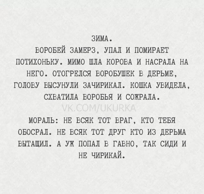 ЗИМА. ВОРОБЕЙ ЗАМЕРЗ, УПАЛ И ПОМИРАЕТ ПОТИХОНЬКУ. МИМО ШЛА КОРОВА И НАСРАЛА НА НЕГО. ОТОГРЕЛСЯ ВОРОБУШЕК В ДЕРЬМЕ, ГОЛОВУ ВЫСУНИЛИ ЗАЧИРИКАЛ, КОШКА УВИДЕЛА, СХВАТИЛА ВОРОБЬЯ И СОЖРАЛА.