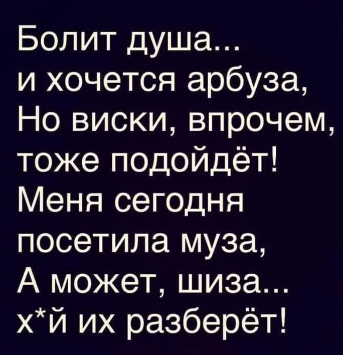 Болит душа... и хочется арбуза, Но виски, впрочем, тоже подойдет! Меня сегодня посетила муза, А может, шиза... х*й их разберёт!
