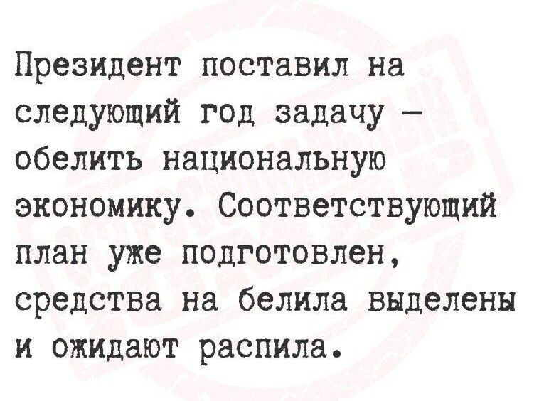 Президент поставил на следующий год задачу – обелить национальную экономику. Соответствующий план уже подготовлен, средства на белила выделены и ожидают распила.