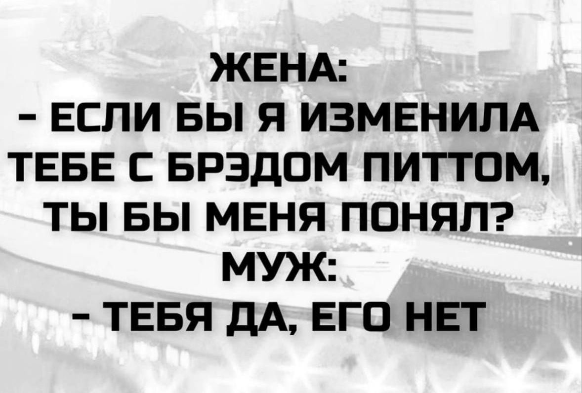 ЖЕНА: - ЕСЛИ БЫ Я ИЗМЕНИЛА ТЕБЕ С БРЭДОМ ПИТТОМ, ТЫ БЫ МЕНЯ ПОНЯЛ? МУЖ: - ТЕБЯ ДА, ЕГО НЕТ