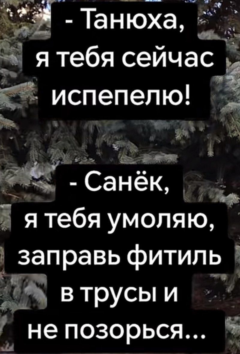 - Танюха, я тебя сейчас испепелю! - Санёк, я тебя умоляю, заправь фитиль в трусы и не позорься...