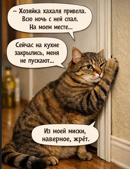 - Хозяйка хахала привела. Всю ночь с ней спал. На моем месте...
- Сейчас на кухне закрылись, меня не пускают...
- Из моей миски, наверное, жрёт.