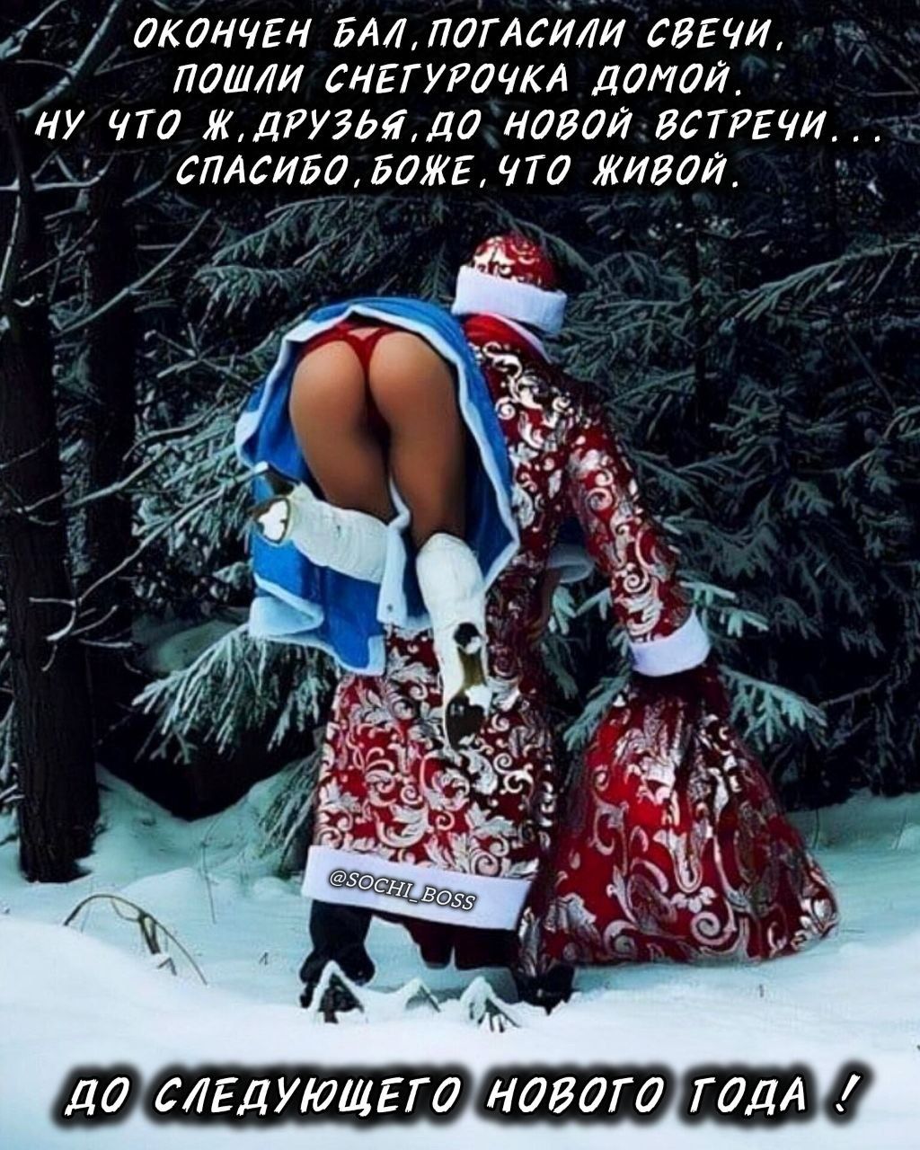 ОКОНЧЕН БАЛ, ПОТАСИЛИ СВЕЧИ, ПОШЛИ СНЕГУРОЧКА ДОМОЙ. НУ ЧТО Ж, ДРУЗЬЯ, ДО НОВОЙ ВСТРЕЧИ... СПАСИБО, БОЖЕ, ЧТО ЖИВОЙ. ДО СЛЕДУЮЩЕГО НОВОГО ГОДА!