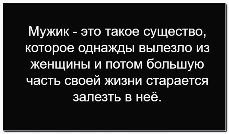 Мужик - это такое существо, которое однажды вылезло из женщины и потом большую часть своей жизни старается залезть в неё.