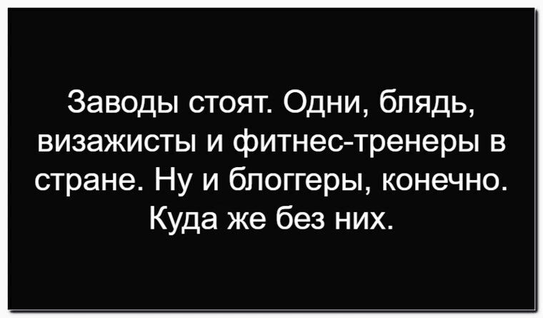 Заводы стоят. Одни, блядь, визажисты и фитнес-тренеры в стране. Ну и блоггеры, конечно. Куда же без них.