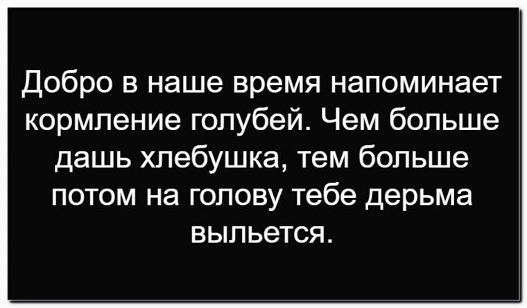 Добро в наше время напоминает кормление голубей. Чем больше даешь хлебушка, тем больше потом на голову тебе дерьма выльется.
