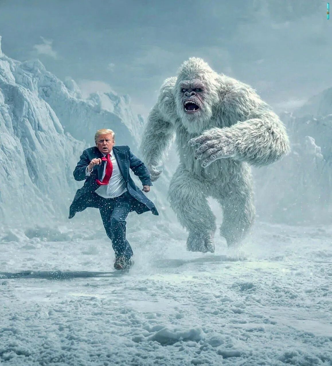 Человек в костюме бежит в снегу, преследуемый огромным белым снежным существом.