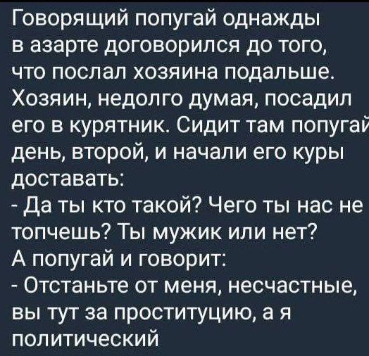 Говорящий попугай однажды в азарте договорился до того, что послал хозяина подальше. Хозяин, недолго думая, посадил его в курятник. Сидит там попугай день, второй, и начали его куры доставать: - Да ты кто такой? Чего ты нас не топчешь? Ты мужик или нет? А попугай: - Отстаньте от меня, несчастные, вы тут за проституцию, а я политический