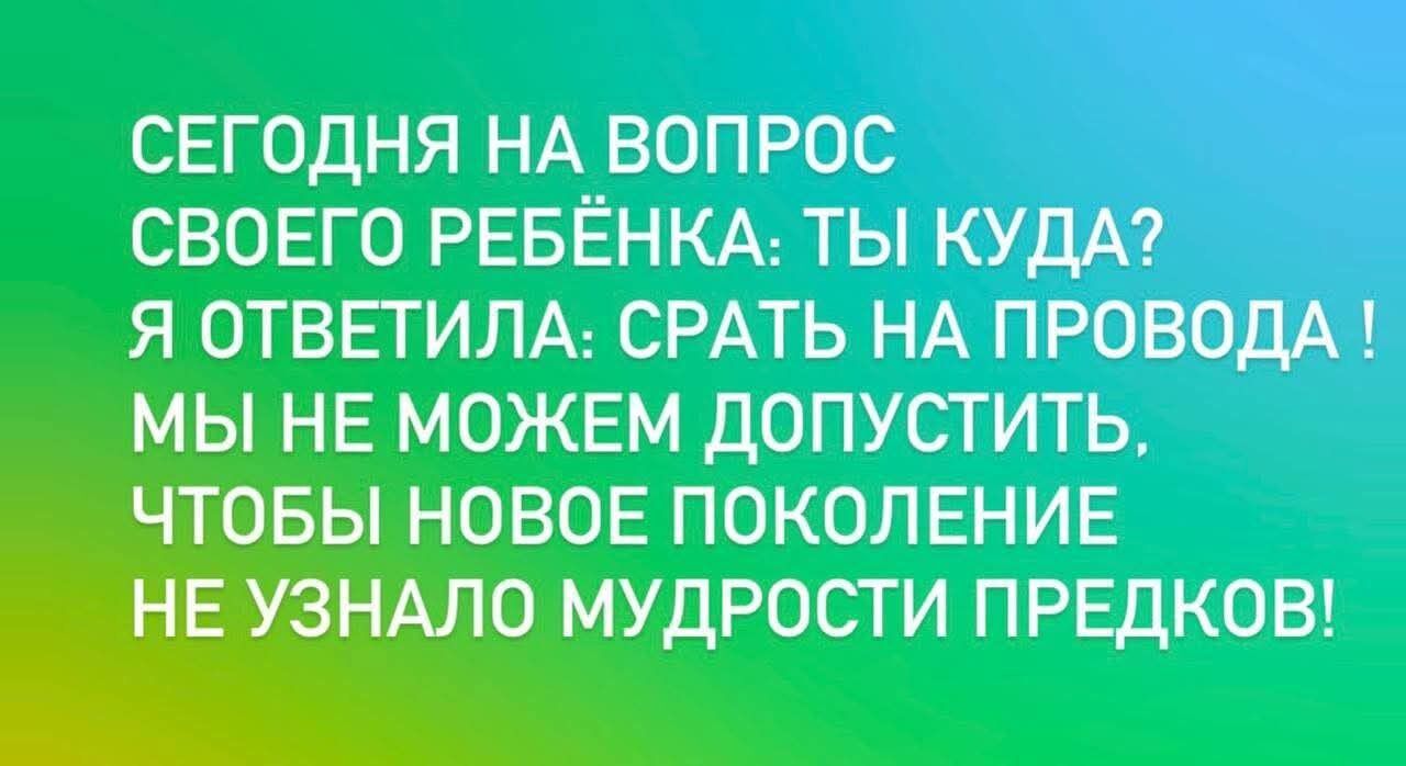 Сегодня на вопрос своего ребенка: ты куда? Я ответила: срать на провода! Мы не можем допустить, чтобы новое поколение не узнало мудрости предков!