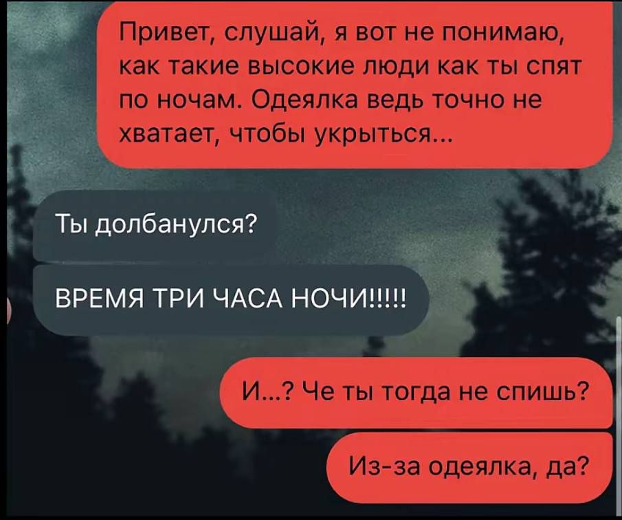 Привет, слушай, я вот не понимаю, как такиеHigh люди как ты спят по ночам. Одеялка ведь точно не хватает, чтобы укрыться...\nТы дольбаннулся?\nВРЕМЯ ТРИ ЧАСА НОЧИ!!!!!\nИ... ? Че ты тогда не спишь?\nИз-за одеялка, да?