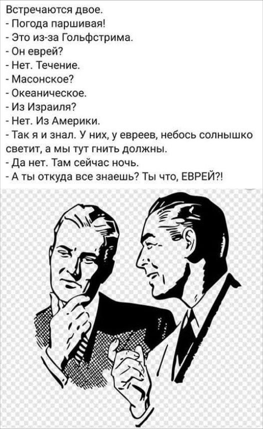 Встречаются двое.
- Погода паршивая!
- Это из-за Гольфстрима.
- Он еврей?
- Нет. Течение.
- Масонское?
- Океаническое.
- Из Израиля?
- Нет. Из Америки.
- Так я и знал. У них, у евреев, небось солнышко светит, а мы тут гнить должны.
- Да нет. Там сейчас ночь.
- А ты откуда все знаешь? Ты что, ЕВРЕЙ?!