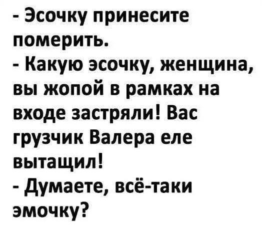 - Эсочку принесите померить. - Какую эсочку, женщина, вы жопой в рамках на входе застраляли! Вас грузчик Валера его вытащил! - Думаете, всё-таки эмочку?