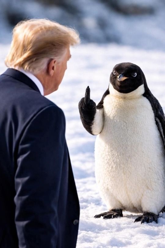 Человек в костюме на снегу разговаривает с пингвином; пингвин поднимает средний палец.