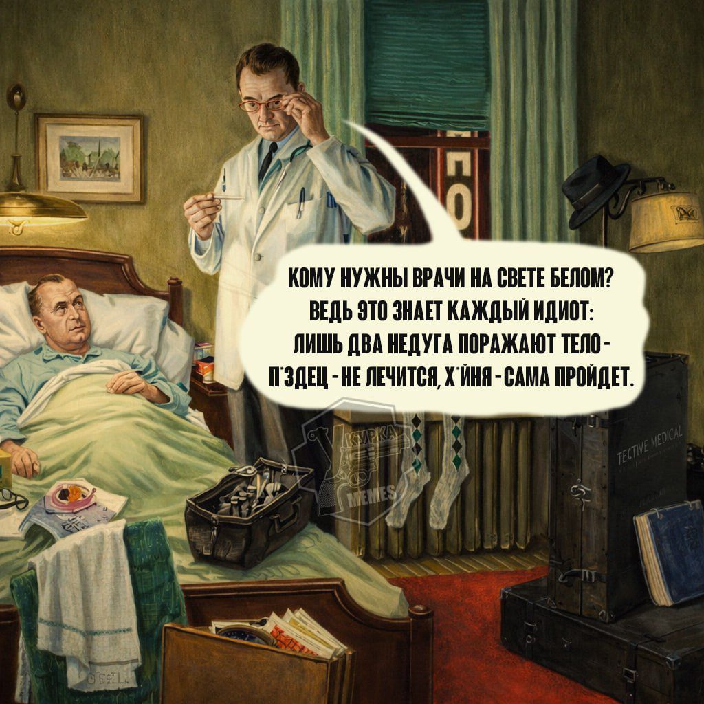КОМУ НУЖНЫ ВРАЧЫ НА СВЕТЕ БЕЛОМ? ВЕДЬ ЭТО ЗНАЕТ КАЖДЫЙ ИДИОТ: ЛИШЬ ДВА НЕДЕЛИ ПРОПАЛО — ПИЗЕЦ, НЕ ЛЕЧИТСЯ, ХУЙ — САМА ПРОЙДЕТ.