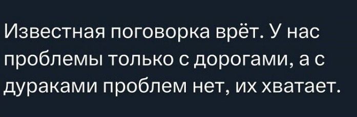 Известная поговорка врёт. У нас проблемы только с дорогами, а с дураками проблем нет, их хватает.
