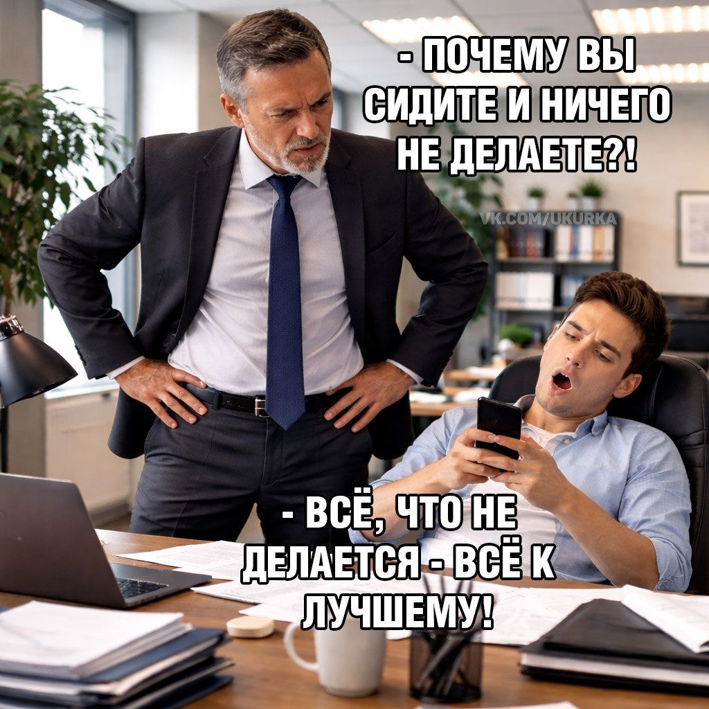 - ПОЧЕМУ ВЫ СИДИТЕ И НИЧЕГО НЕ ДЕЛАЕТЕ?!
- ВСЁ, ЧТО НЕ ДЕЛАЕТСЯ - ВСЁ К ЛУЧШЕМУ!