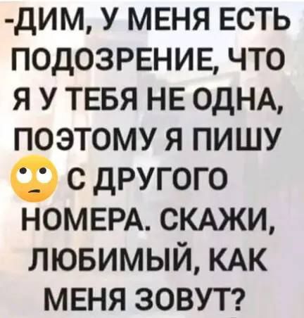 -ДИМ, У МЕНЯ ЕСТЬ ПОДОЗРЕНИЕ, ЧТО Я У ТЕБЯ НЕ ОДНА, ПОЭТОМУ Я ПИШУ С ДРУГОГО НОМЕРА. СКАЖИ, ЛЮБИМЫЙ, КАК МЕНЯ ЗОВУТ?