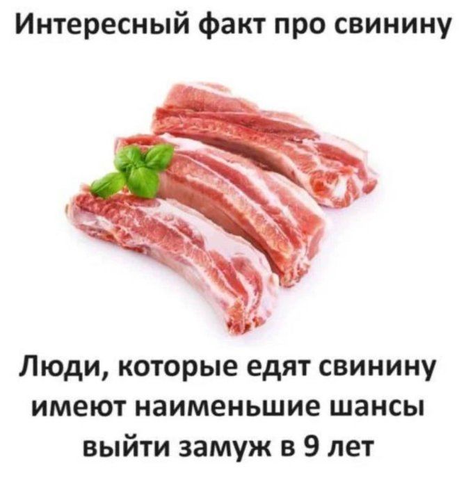 Интересный факт про свинину
Люди, которые едят свинину имеют наименьшие шансы выйти замуж в 9 лет