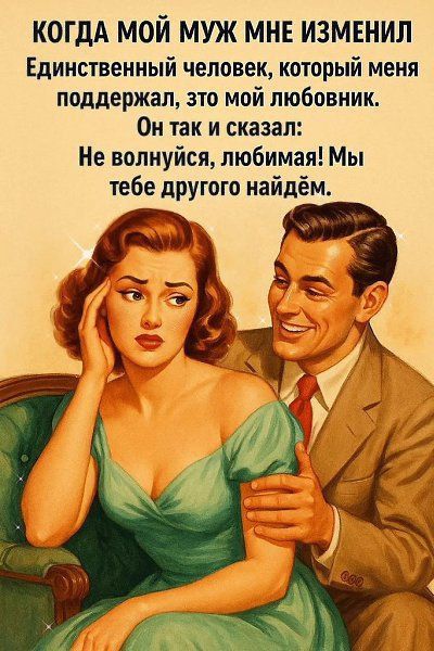 КОГДА МОЙ МУЖ МНЕ ИЗМЕНИЛ Единственный человек, который меня поддержал, это мой любовник. Он так и сказал: Не волнуйся, любимая! Мы тебе другого найдём.