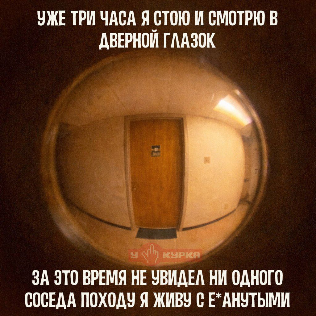 УЖЕ ТРИ ЧАСА Я СТОЮ И СМОТРЮ В ДВЕРНОЙ ГЛАЗОК
ЗА ЭТО ВРЕМЯ НЕ УВИДЕЛ НИ ОДНОГО СОСЕДА ПОХОДУ Я ЖИВУ С Е**АНУТЫМИ