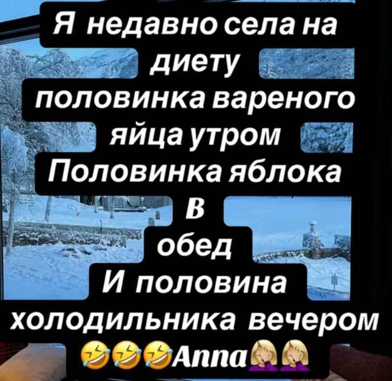 Я недавно села на диету половинка вареного яйца утром Половинка яблока в обед И половина холодильника вечером 🤣🤣😂Anna 🤷‍♀️