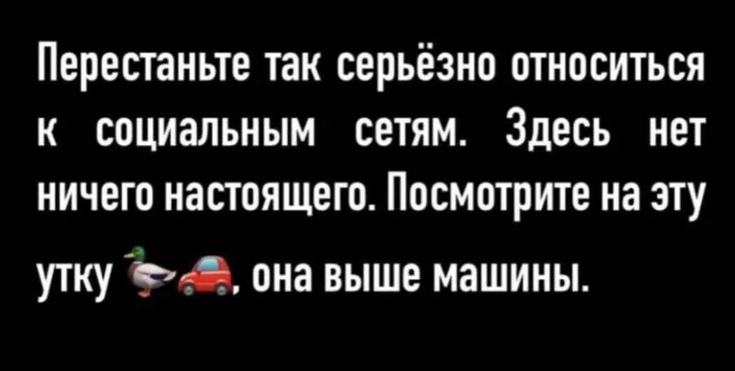 Перестаньте так серьёзно относиться к социальным сетям. Здесь нет ничего настоящего. Посмотрите на эту утку 🦆🚗, она выше машины.