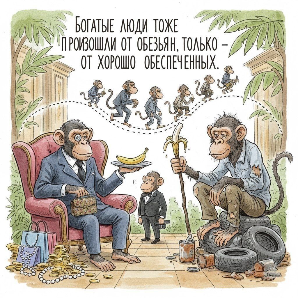 БОГАТЫЕ ЛЮДИ ТОЖЕ ПРОИЗОШЛИ ОТ ОБЕЗЬЬЯН, ТОЛЬКО - ОТ ХОРОШО ОБЕСПЕЧЕННЫХ.