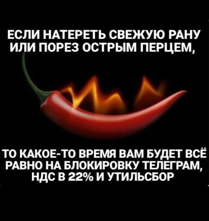 ЕСЛИ НАТЕРЕТЬ СВЕЖУЮ РАНУ ИЛИ ПО РЕЗКОМУ ОСТРЫМ ПЕРЦЕМ, ТО КАКОЕ-ТО ВРЕМЯ ВАМ БУДЕТ ВСЁ РАВНО НА БЛОКИРОВКУ ТЕЛЕГРАМ, НДС В 22% И УТИЛЬСБОР
