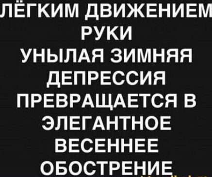ЛЕГКИМ ДВИЖЕНИЕМ РУКИ УНЫЛАЯ ЗИМНЯЯ ДЕПРЕССИЯ ПРЕВРАЩАЕТСЯ В ЭЛЕГАНТНОЕ ВЕСЕННЕЕ ОБОСТРЕНИЕ