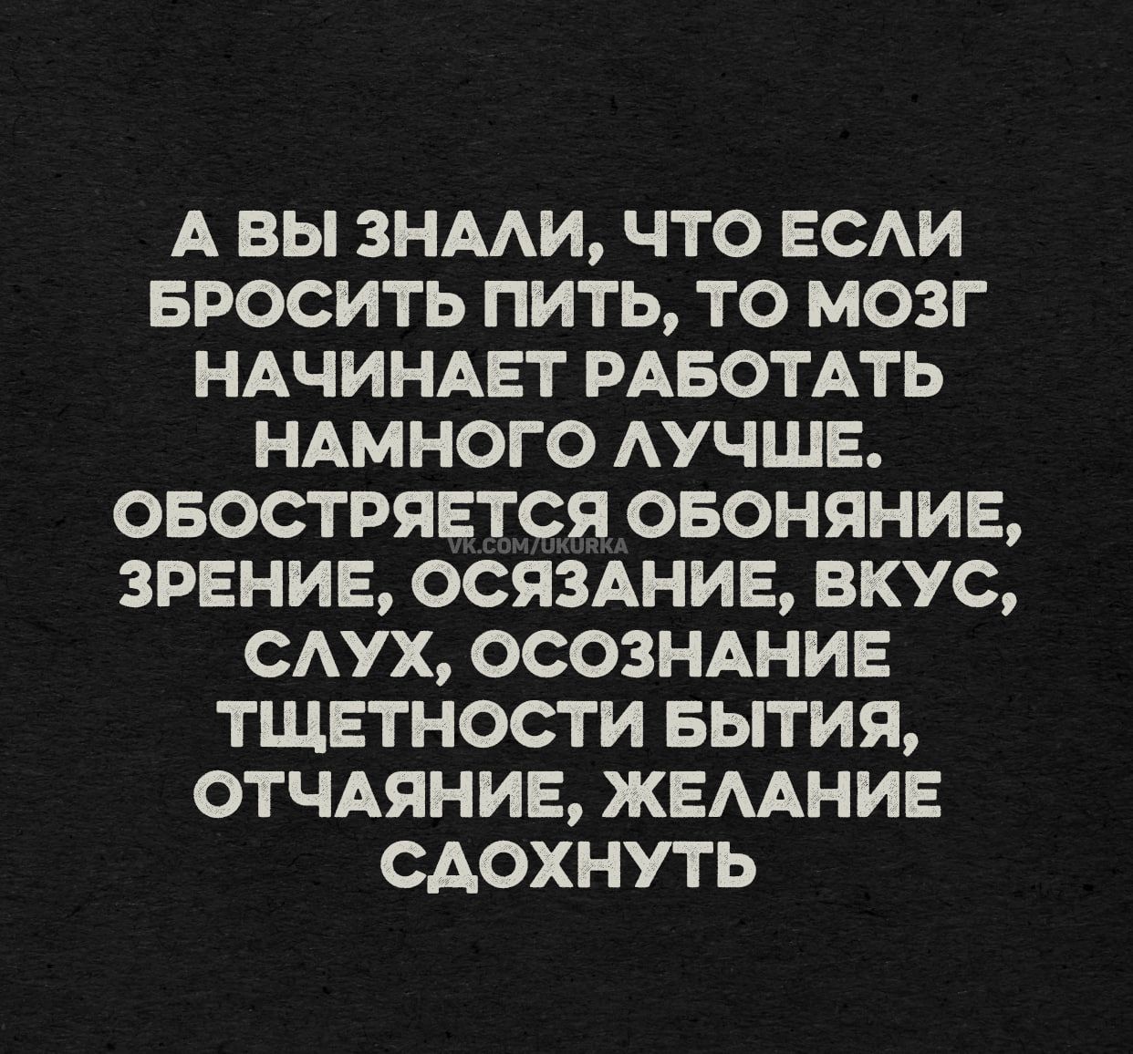 А вы знали, что если бросить пить, то мозг начинает работать намного лучше. Обостряется обоняние, зрение, осознание, вкус, слух, осознанность бытия, отчаяние, желание сдохнуть