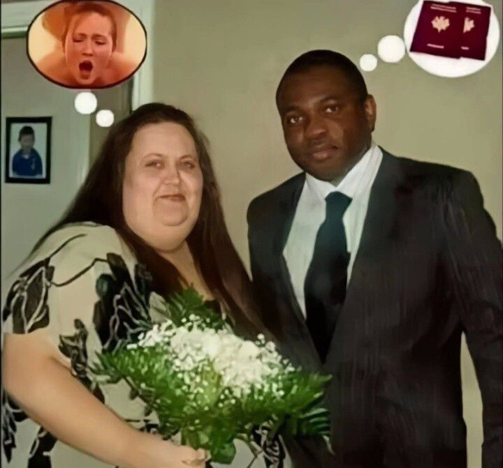 Пародийное фото на свадьбе: пара в костюмах, пара мыслей над головами, одна из мыслей — улыбающееся лицо, другая — неясный пиктограммный образ.