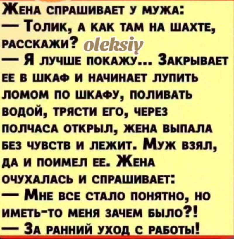 Жена спрашивает у мужа: — Толик, а как там на шахте, расскажи? — Я лучше покажу... Закрывает её в шкаф и начинает лупить ломом по шкафу, поливать водой, трясти его, через полчаса открыл, жена выпала без чувств и лежит. Муж взял, да и поимел ее. Жена очухалась и спрашивает: — Мне все стало понятно, но иметь-то меня зачем было?! — За ранний уход с работы!