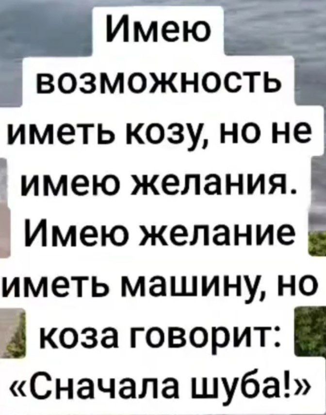 Имею возможность иметь козу, но не имею желания. Имею желание иметь машину, но коза говорит: «Сначала шуба!»
