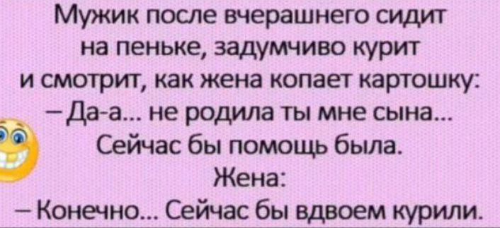 Мужик после вчерашнего сидит на пенке, задумчиво курит и смотрит, как жена копает картошку: – Да-а... не родила ты мне сына... Сейчас бы помощи была. Жена: – Конечно... Сейчас бы вдвоём курили.