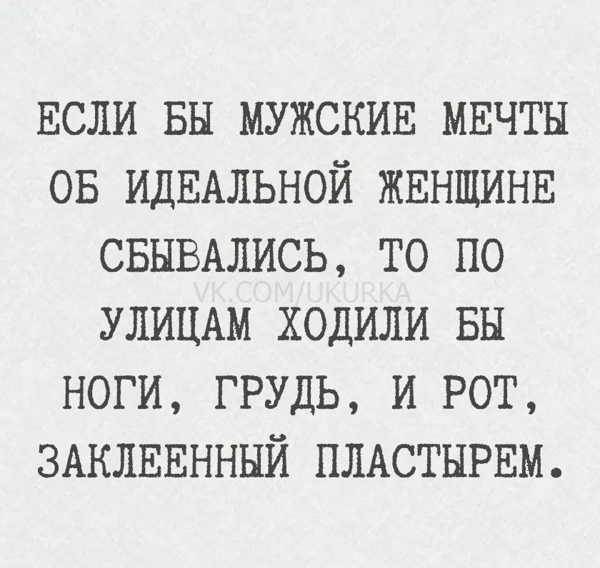 Если бы мужские мечты об идеальной женщине сбывались, то по улицам ходили бы ноги, грудь, и рот, заклеенный пластырем.