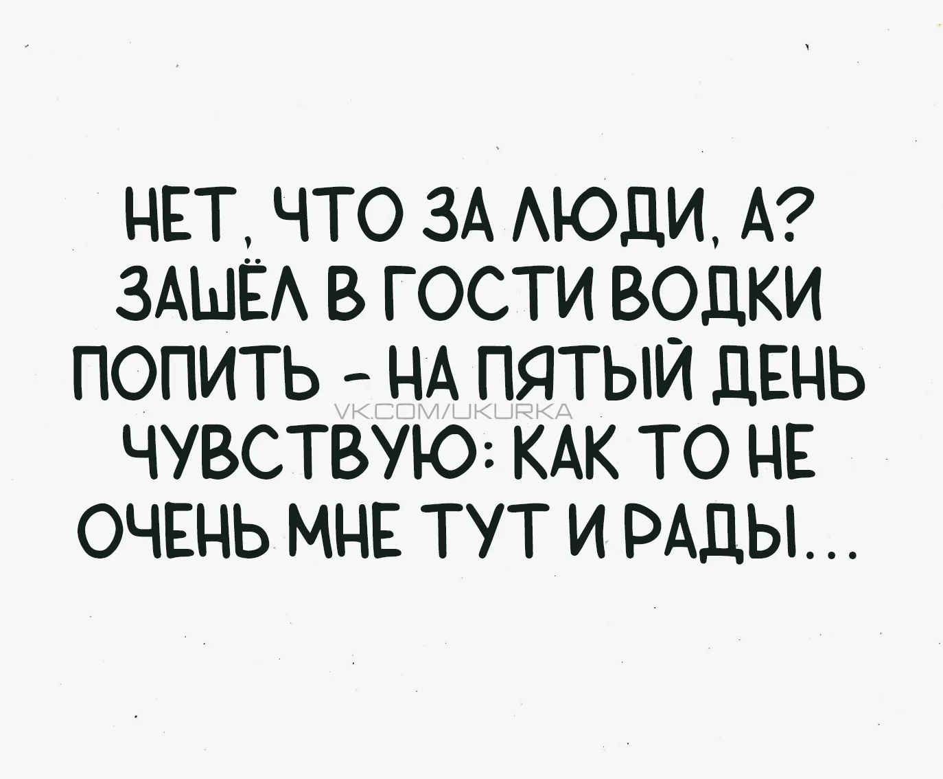 НЕТ, ЧТО ЗА ЛЮДИ, А? ЗАШЁЛ В ГОСТИ ВОДКИ ПОПИТЬ - НА ПЯТЫЙ ДЕНЬ ЧУВСТВУЮ: КАК ТО НЕ ОЧЕНЬ МНЕ ТУТ И РАДЫ...