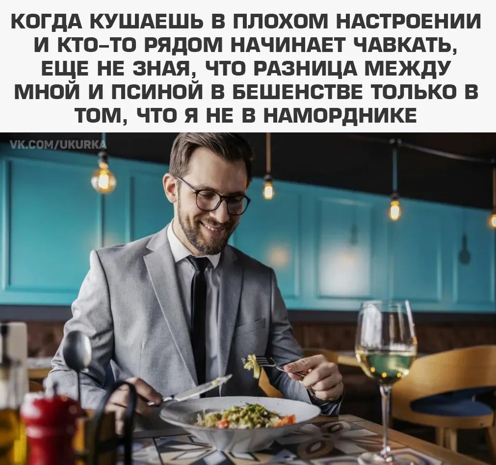 КОГДА КУШАЕШЬ В ПЛОХОМ НАСТРОЕНИИ И КТО-ТО РЯДОМ НАЧИНАЕТ ЧАВКАТЬ, ЕЩЕ НЕ ЗНАЯ, ЧТО РАЗНИЦА МЕЖДУ МНОЙ И ПСИНОЙ В БЕШЕНСТВЕ ТОЛЬКО В ТОМ, ЧТО Я НЕ В НАМОРДНИКЕ