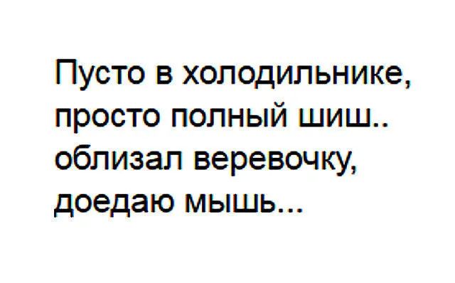 Пусто в холодильнике, просто полный шиш.. облизал веревочку, доедаю мышь...
