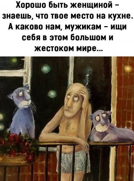 Хорошо быть женщиной – знаешь, что твое место на кухне. А каково нам, мужикам – ищи себя в этом большом и жестоком мире...