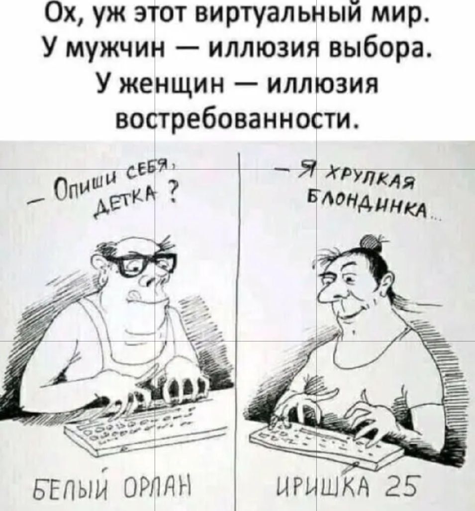 Ох, уж этот виртуальный мир. У мужчин — иллюзия выбора. У женщин — иллюзия востребованности. - Опиши себя, детка? - Я хрупкая блондинка... БЕЛЫЙ ОРЛАН ИРИШКА 25